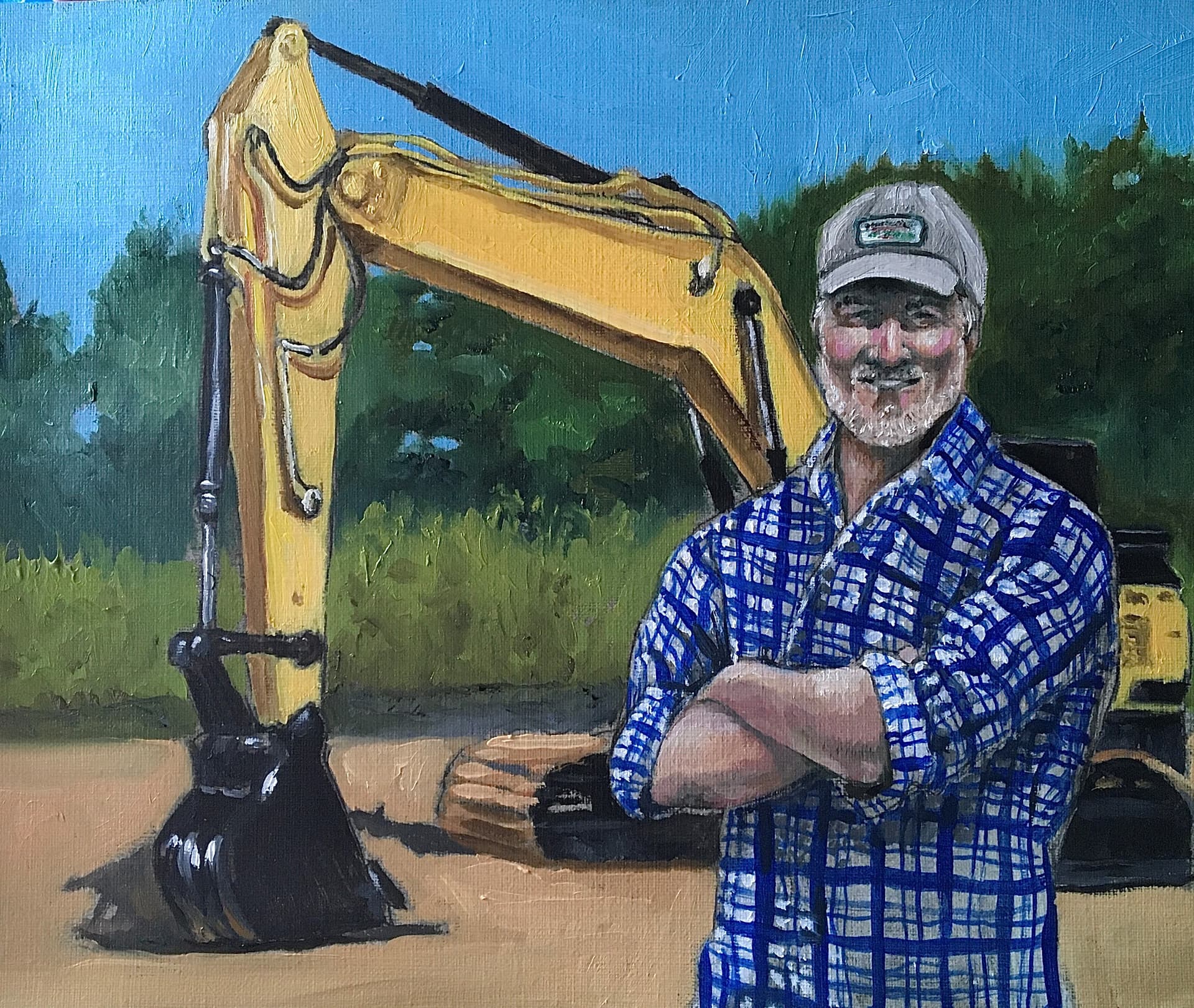 Painted portrait of Stephen Smith with a yellow excavator